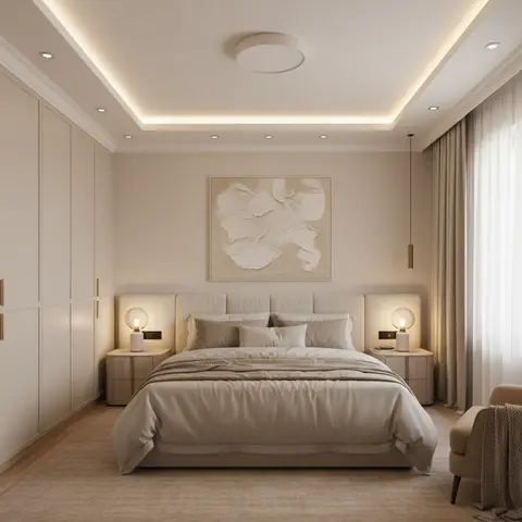 Beige-toned bedroom with a floor-to-ceiling wardrobe wall, cove-lit ceiling, and a textured abstract painting above the upholstered headboard.
