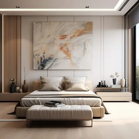 Beige upholstered bed under an oversized abstract canvas in white and burnt orange