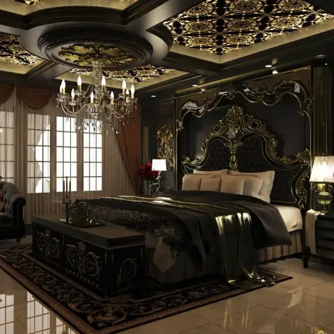 Black-and-gold baroque bedroom with a carved gilt-crested tufted headboard, damask-printed gold ceiling coffers around a crystal chandelier and a lacquered
