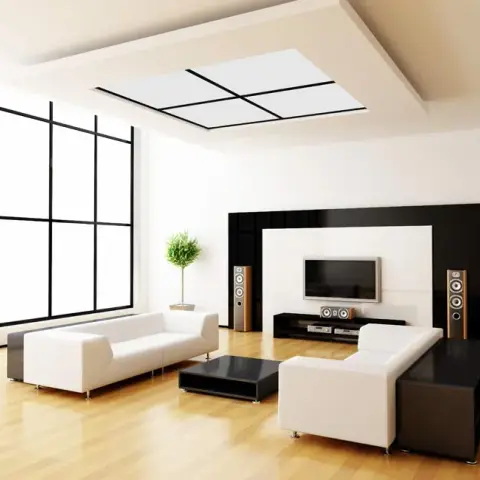 Black-and-white living room render with a floor-to-ceiling grid window, wood flooring and a black gloss TV console flanked by tower speakers