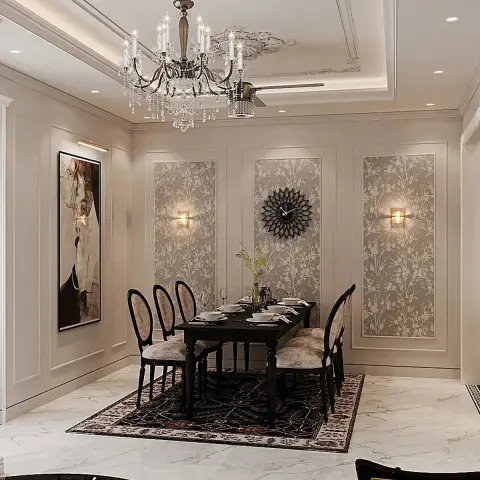 Black six-seater dining table with oval cane-back chairs on a Persian rug, framed by three tall damask wallpaper panels inside cream mouldings