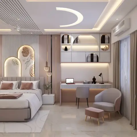 Blush-and-grey bedroom with a fluted study ledge under arched backlit display niches