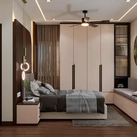 Blush-and-walnut bedroom where a fluted wood headboard column carries a ring-and-oval brass pendant