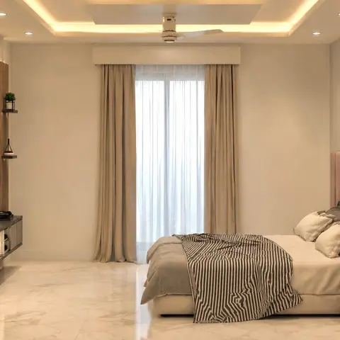 Blush channel-tufted headboard and matching bedside cube facing a fluted-wood TV panel with lit reveals and stepped display shelves