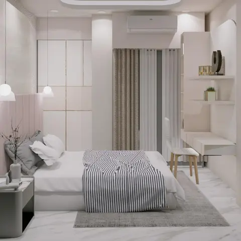 Blush channel-tufted headboard under two low globe pendants in an all-white bedroom