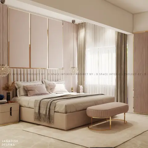 Blush-pink bedroom render with a fluted headboard wall, gold-beaded panel frames above the bed