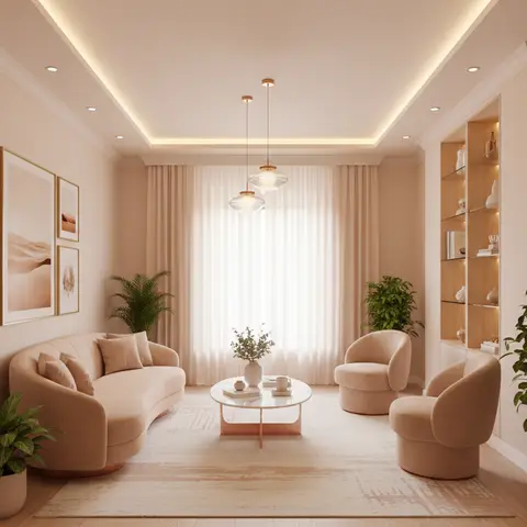 Blush-pink living room with a curved sofa, matching swivel chairs and a backlit open display shelf beside the window