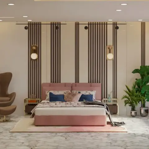 Blush upholstered bed set against floor-to-ceiling dark walnut batten panelling, with a brown egg chair on one side and a pink upholstered window bench under a