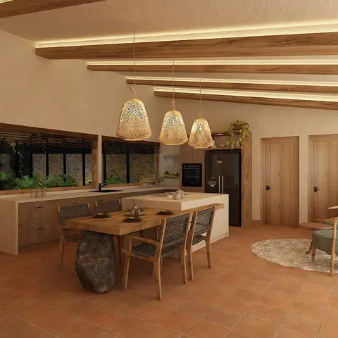 Boho kitchen-dining space with rattan bell pendant lights over a stone-base wood dining table, terracotta tile flooring