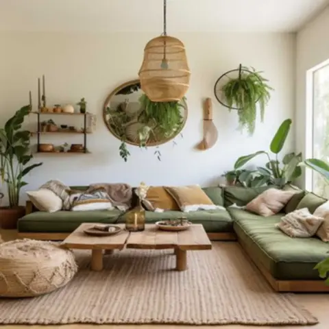 Boho living room with a low olive-green L-shaped floor sofa, a woven rattan pendant light, a round mirror flanked by trailing plants