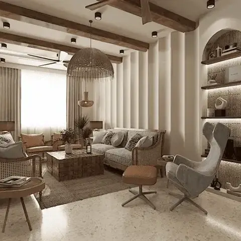 Boho living room with an exposed wood-beam ceiling, a woven rattan dome pendant light, cane-backed accent chairs and a grey wingback swivel chair