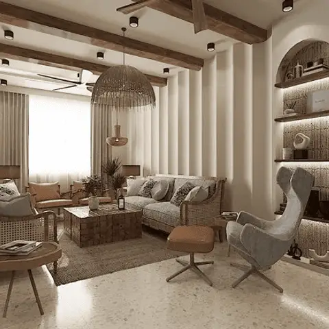 Boho living room with exposed wood ceiling beams, a rattan pendant light, cane-frame armchairs and an arched niche shelf.