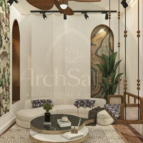 Boho-styled living corner with a jungle-print wallpaper accent wall, a curved cream sofa with floral cushions, a round marble-and-brass coffee table