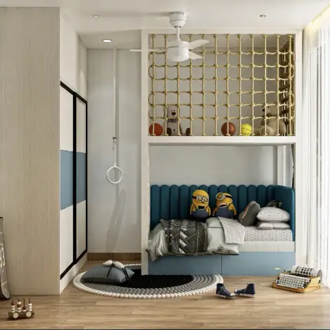 Boy's room render with the bed recessed into a built-in alcove behind a fluted teal upholstered back
