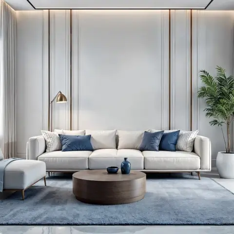 Bright render of a living room with a long low white sofa and matching chaise, navy velvet cushions and a solid round dark-wood drum table on a slate-blue rug