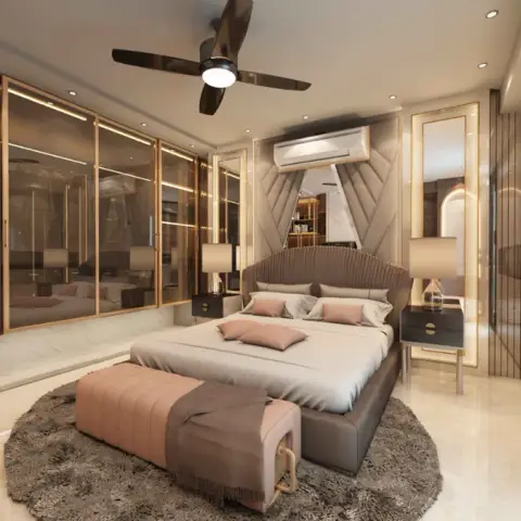 Bronze-tinted mirror wardrobe run facing a fan-pleated leather headboard set into a diamond-quilted backdrop