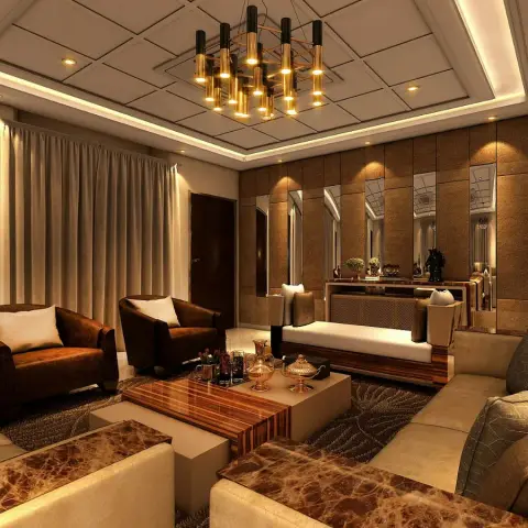 Brown-and-gold living room render under a coffered grid ceiling hung with a cluster of gold cylinder pendants