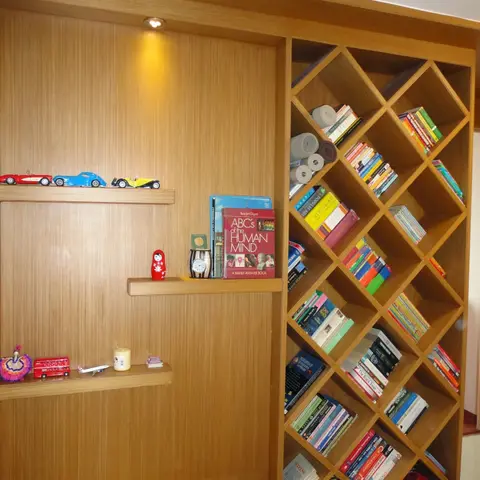 Built-in diamond-lattice bookshelf beside a wood-veneer wall with floating display shelves styled with toy cars, dolls and books