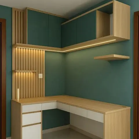Built-in L-shaped study desk with white-and-oak drawer units, a fluted wood accent panel with strip lighting, and a deep teal green wall