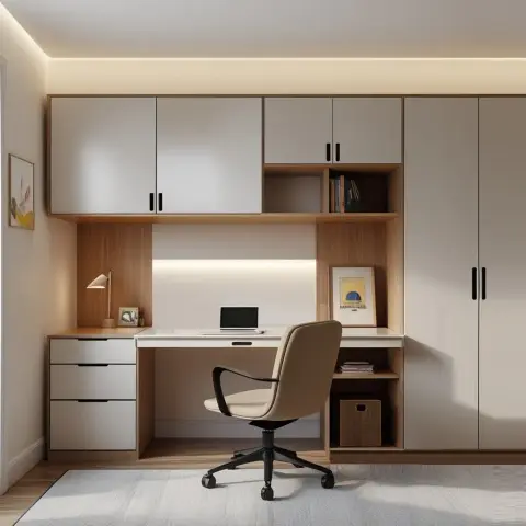Built-in study wall with a white desk top spanning a drawer pedestal and open shelves, an oak-lined back niche carrying a concealed LED strip