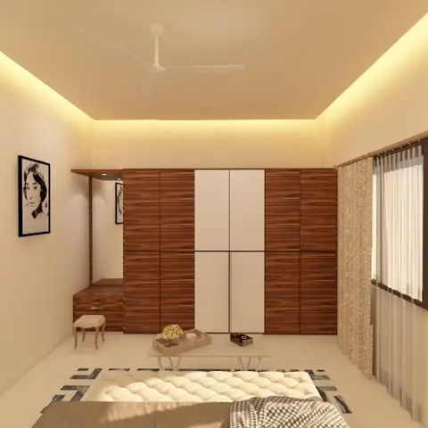 CG render of a bedroom looking from the bed towards a wardrobe run in dark veneer alternating with white shutters