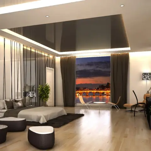 CG render of a wide bedroom suite where a low platform bed sits against a vertical black-rod screen wall