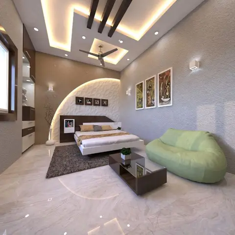CGI render of a bedroom with a backlit arched 3D wave-textured headboard panel, a stepped POP ceiling with dark wood battens and a pale green curved lounger on