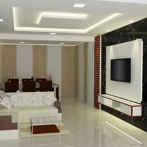 CGI render of a living-dining room with a black marble and red-wood-slat TV feature wall and a teal accent wall behind an L-shaped cream sofa.