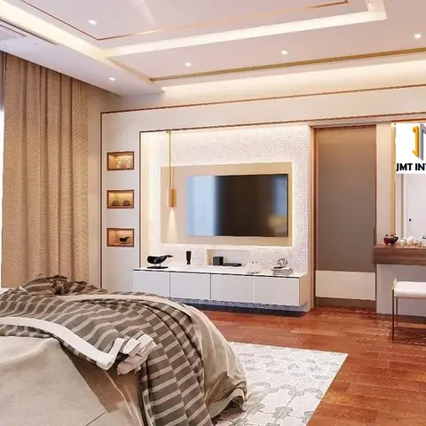 CGI render of a master bedroom with a backlit textured TV feature wall, built-in display niches, a sliding door to an ensuite