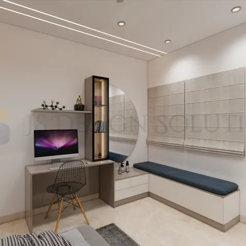 CGI render of a study nook with a floating desk and iMac, wire-frame chair, a round mirror