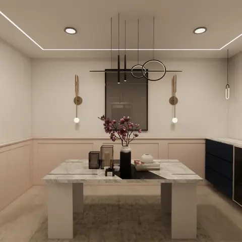 CGI render of an entrance foyer with a centred marble waterfall table, blush-pink wainscoting, brass wall sconces and a fluted navy console with a marble top.