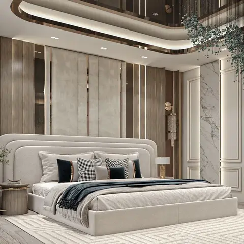 Channel-tufted upholstered bed against a marble and metallic-panel wall, under a mirrored cove ceiling with a hanging leaf chandelier.