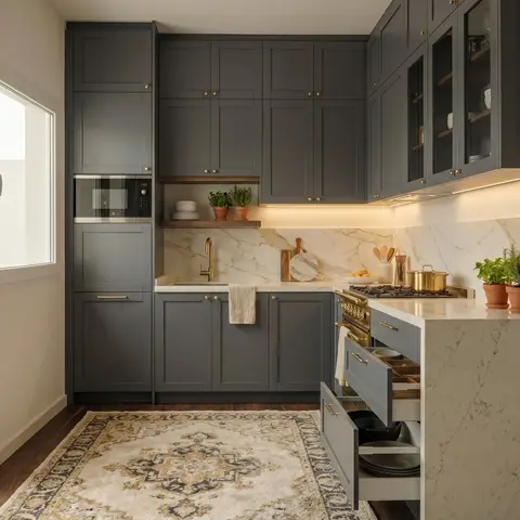 Charcoal-grey shaker-style kitchen with a marble slab backsplash, brass hardware, open display shelf and a patterned area rug on the floor.