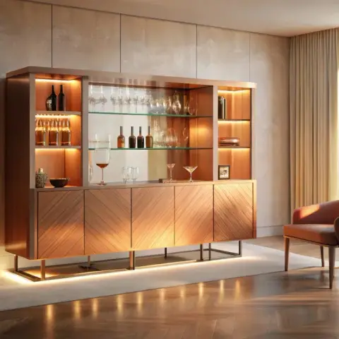 Chevron-veneer bar cabinet on slim brass legs with lit glass shelves of bottles and stemware, its plinth strip washing light onto a cream rug