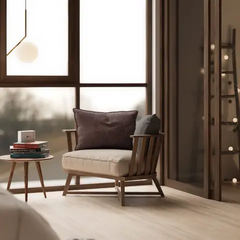 Child's bedroom reading corner: slatted-back timber armchair and a three-leg round side table stacked with books beside a full-height dark-framed window