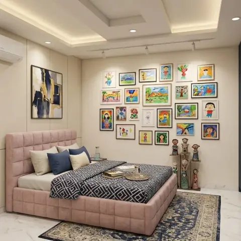 Child's bedroom render where a salon-hung wall of framed crayon and watercolour drawings, lit by black track spots, faces a blush tufted bed