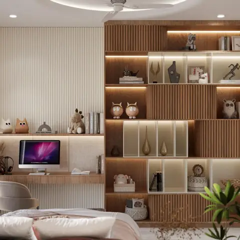 Child's bedroom where a floor-to-ceiling walnut shelving wall of LED-lit niches holds soft toys and picture books