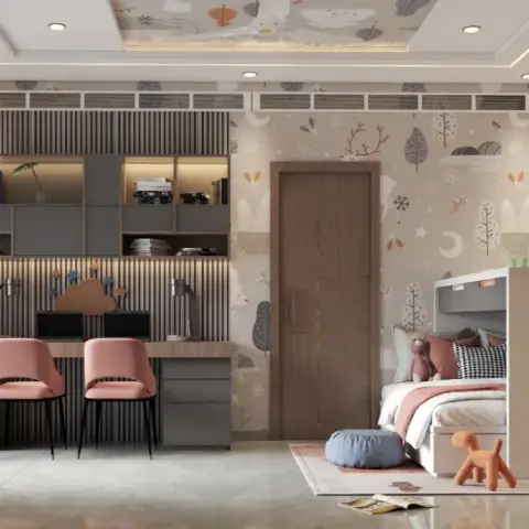 Child's bedroom with a forest-animal wallpaper feature wall, a twin study desk with pink chairs, and a loft bed with built-in storage steps