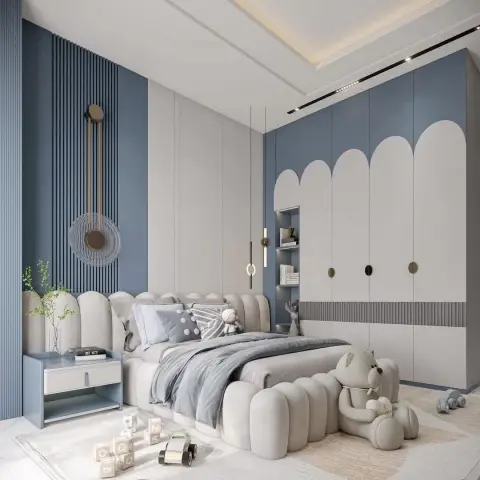 Child's room render in dusty blue and cream where the wardrobe shutters are routed into arches with brass disc knobs