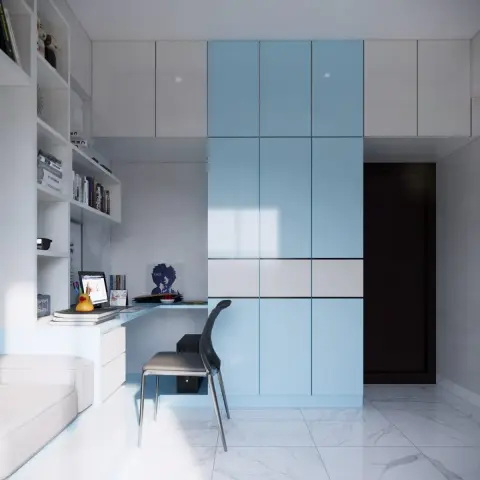 Child's room rendered in powder blue and white, with a floor-to-ceiling blue wardrobe wall