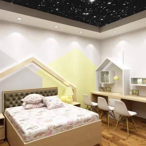 Child's room with a black star-field ceiling panel, grey and pale-yellow mountain shapes painted across the wall behind a lit birch gable outline over the bed