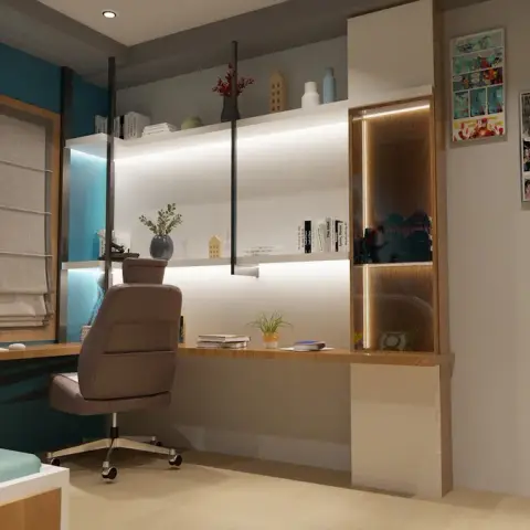 Child's room with a long oak study counter running under two backlit white shelves, a swivel chair at an iMac