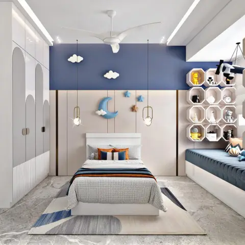 Child's room with padded clouds, a crescent moon and stars on a denim-blue and cream headboard wall, brass loop pendants either side of the bed