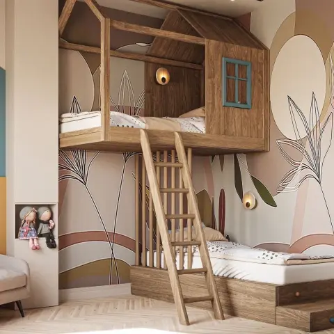 Children's room built around a timber treehouse bunk with a gabled roof and a teal shuttered window, a leaning ladder down to a lower bed on drawers