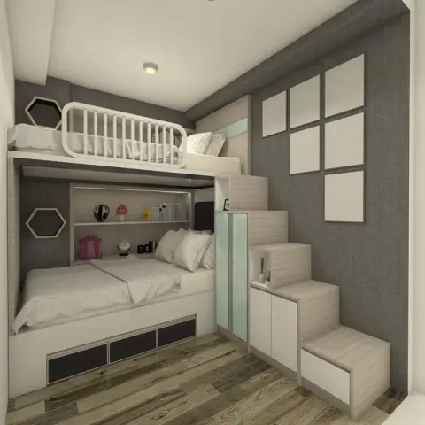 Children's room render with a built-in top bunk behind a white guard rail over a lower bed set into a strip-lit niche shelf, reached by a drawer-staircase