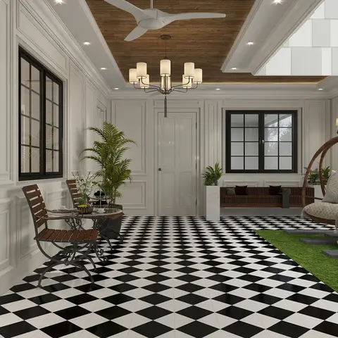 Classic entrance hall with a black-and-white checkerboard tiled floor, a wood-panelled ceiling insert