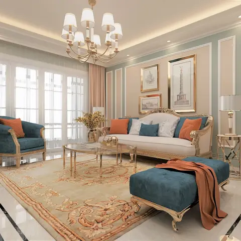 Classic living room with a carved gold-frame sofa and armchair in teal velvet accented by orange cushions, ornate glass-and-gold coffee tables
