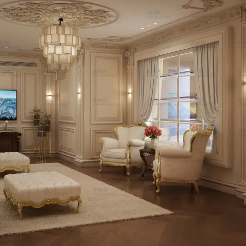 Classical cream living room render with gilt-framed French armchairs and tufted ottomans on a pale rug, a carved ceiling rose above a tiered drum chandelier