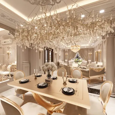 Classical dining room render with a gold-leaf dining table set for six under a sprawling crystal branch chandelier