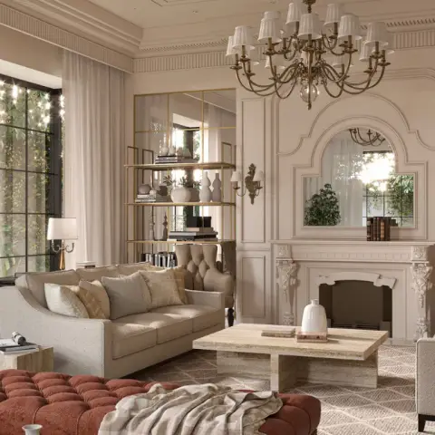 Classical drawing room render built around a carved plaster fireplace with an arched overmantel mirror, a twelve-arm shaded brass chandelier